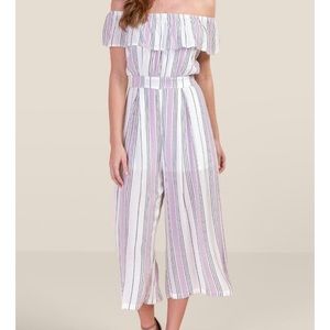 Francesca’s Layla off shoulder lilac jumpsuit